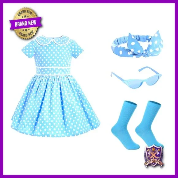Retro 1950s Polka Dot Dress Costume Set with Headband Glasses Socks - Picture 6 of 6
